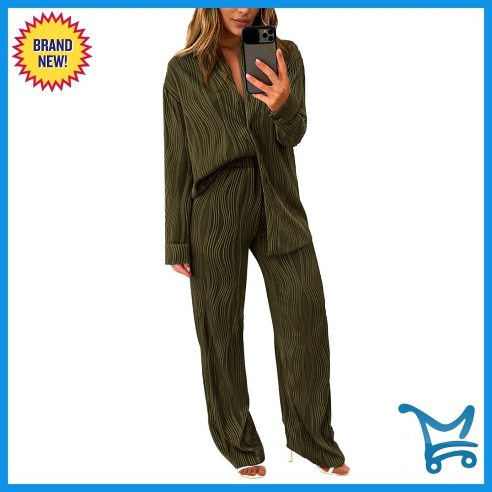 Women's 2-Piece Set Button Down Shirt Wide Leg Pants Loungewear Outfit